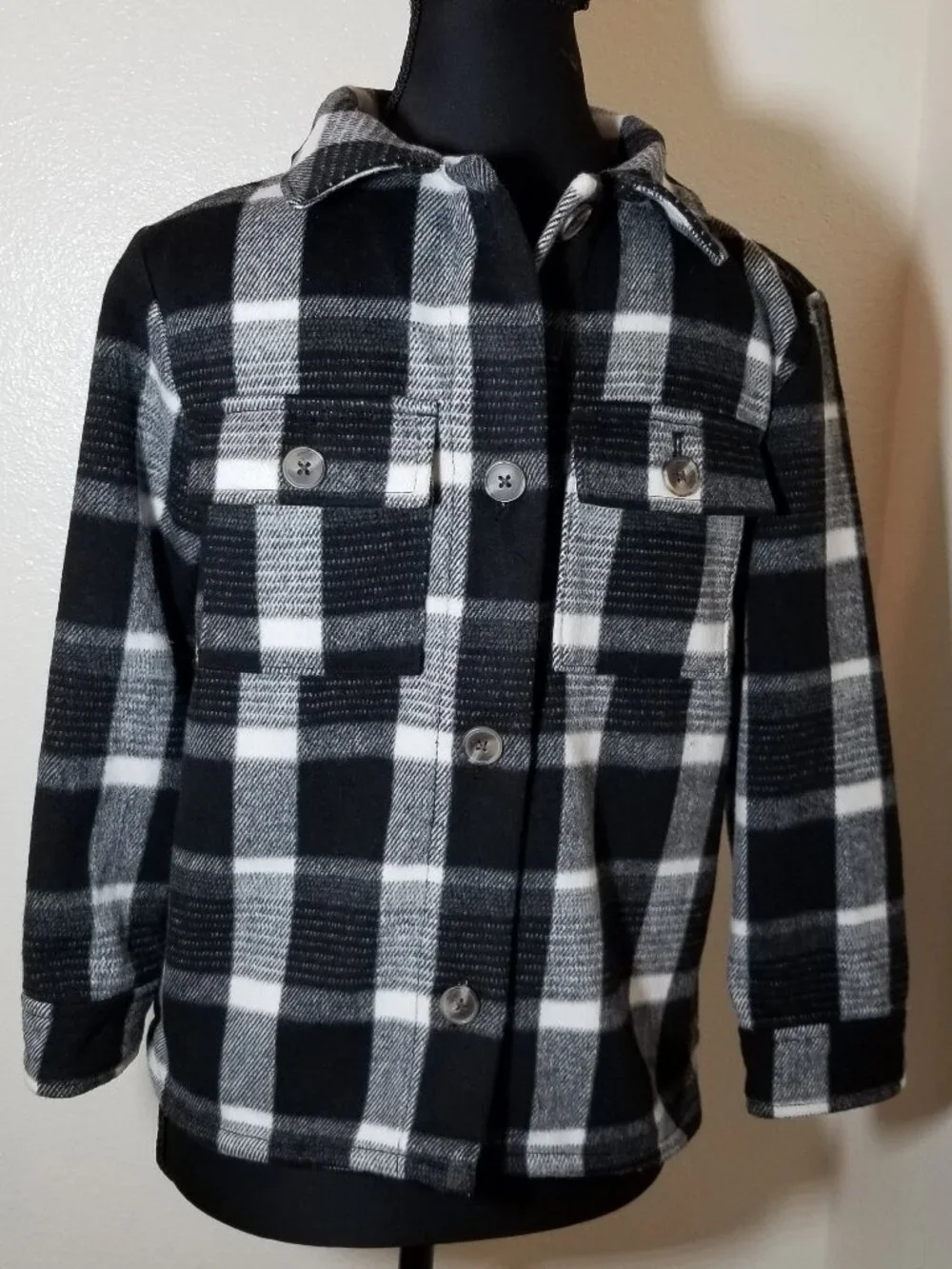 Old Navy Shacket Unisex M 8 Black White Plaid Fleece Button Up Shirt Jacket Kids